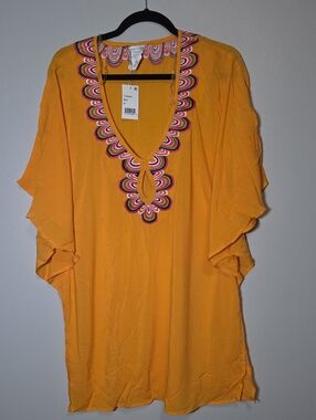 Trina Turk Yellow Embroidered V-Neck Tunic Caftan